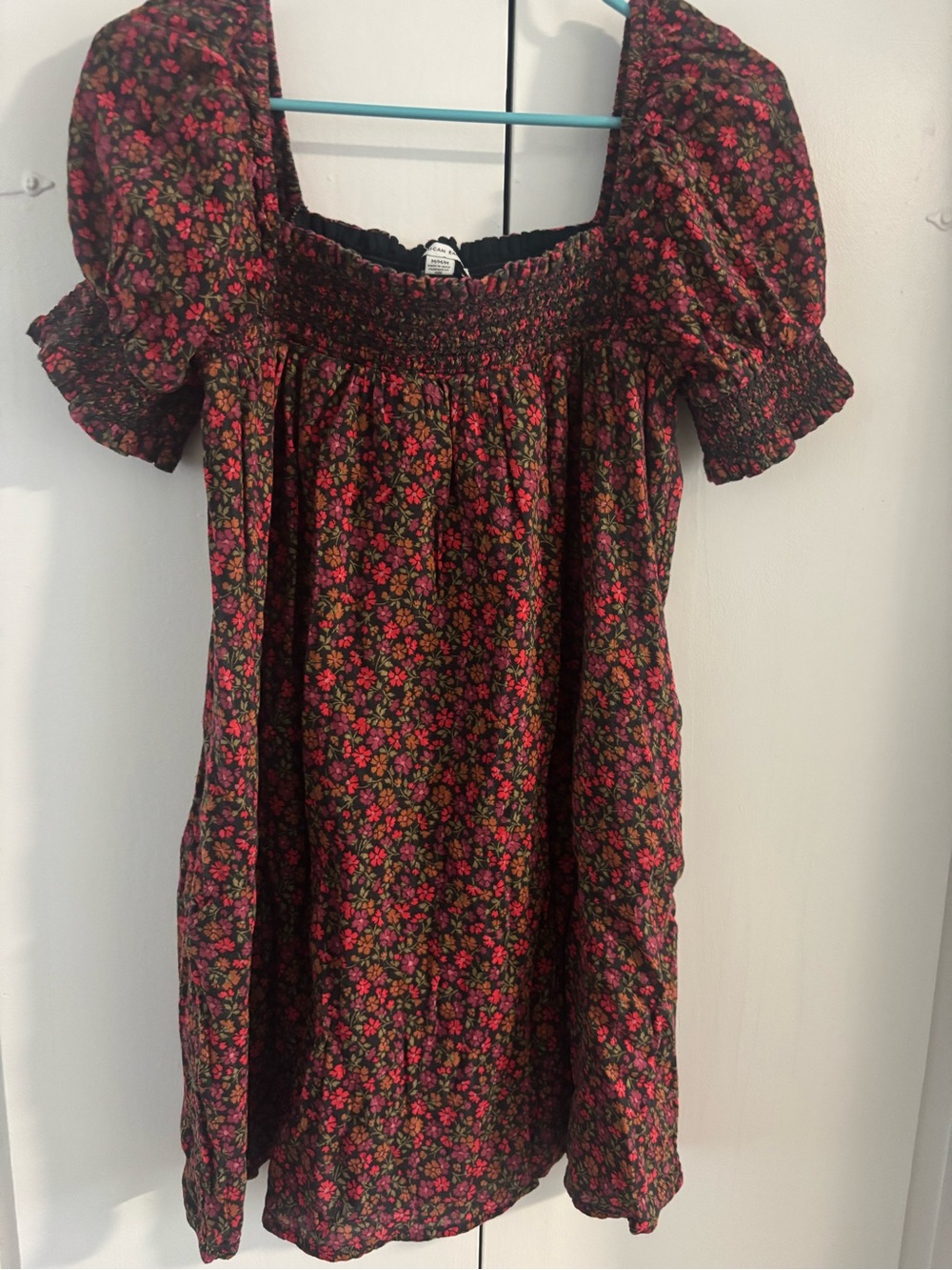 Worn once Smocked Floral Peasant Mini Dress in Black with Pink & Green Flowers